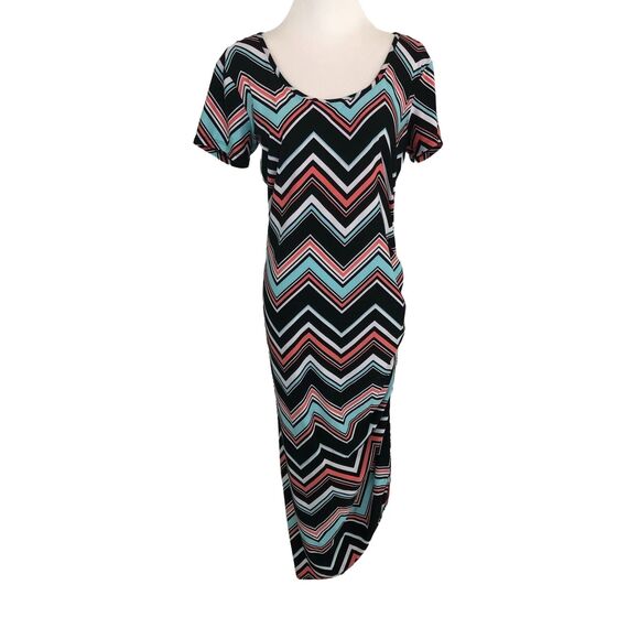 Bobbie Brooks Stretch Sheath Midi Dress Size Small Ruched Chevron Asymmetrical - Picture 1 of 11